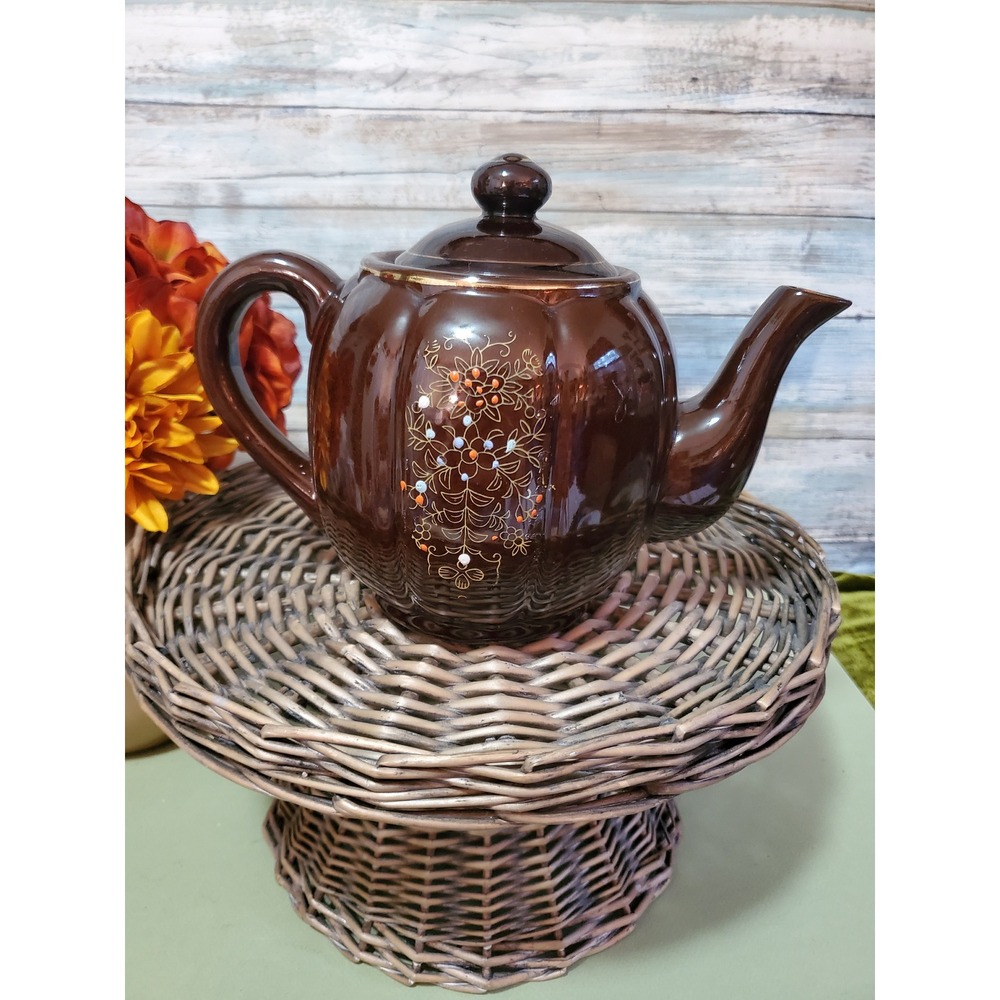 Vintage Japanese Redware CeramicTeapot Handpainted Floral Design Marioge Style